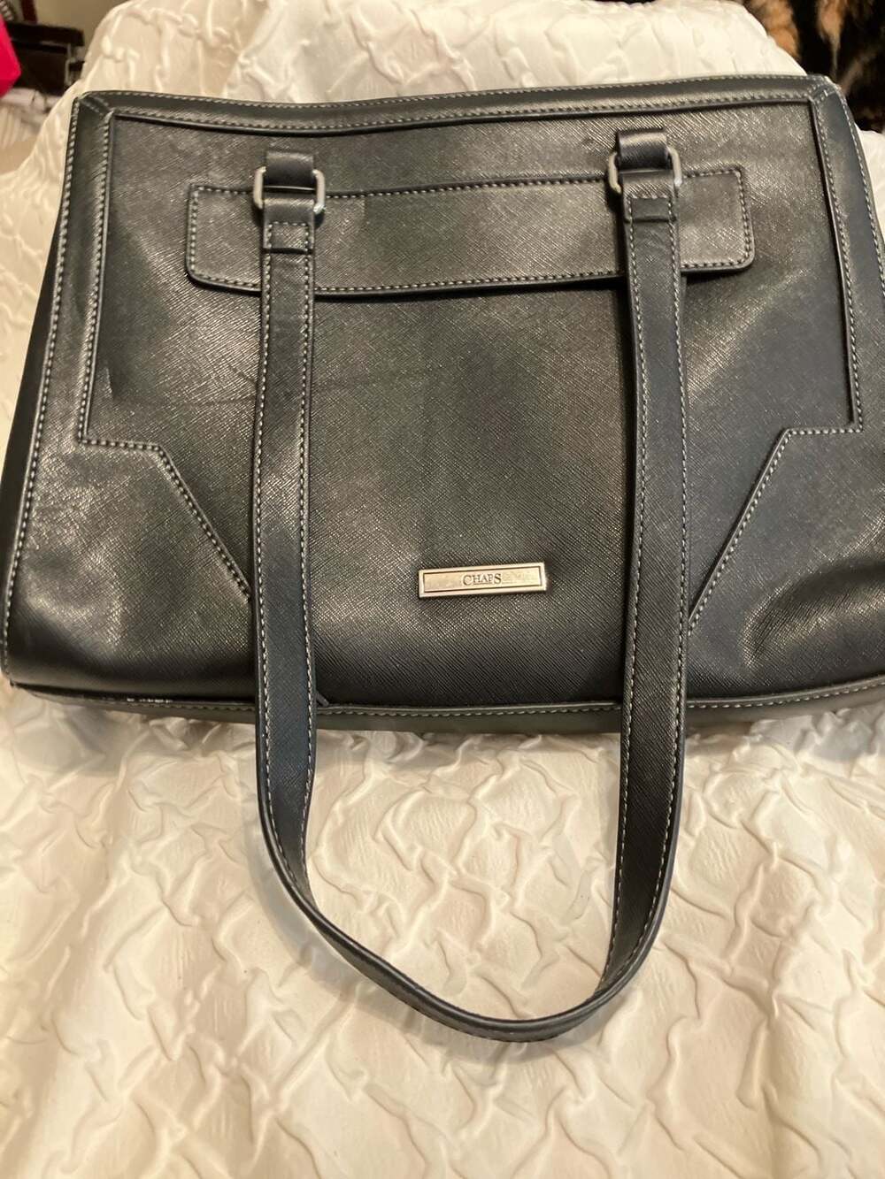 Chaps Black Saffiano Faux Leather Tote Shoulder Bag